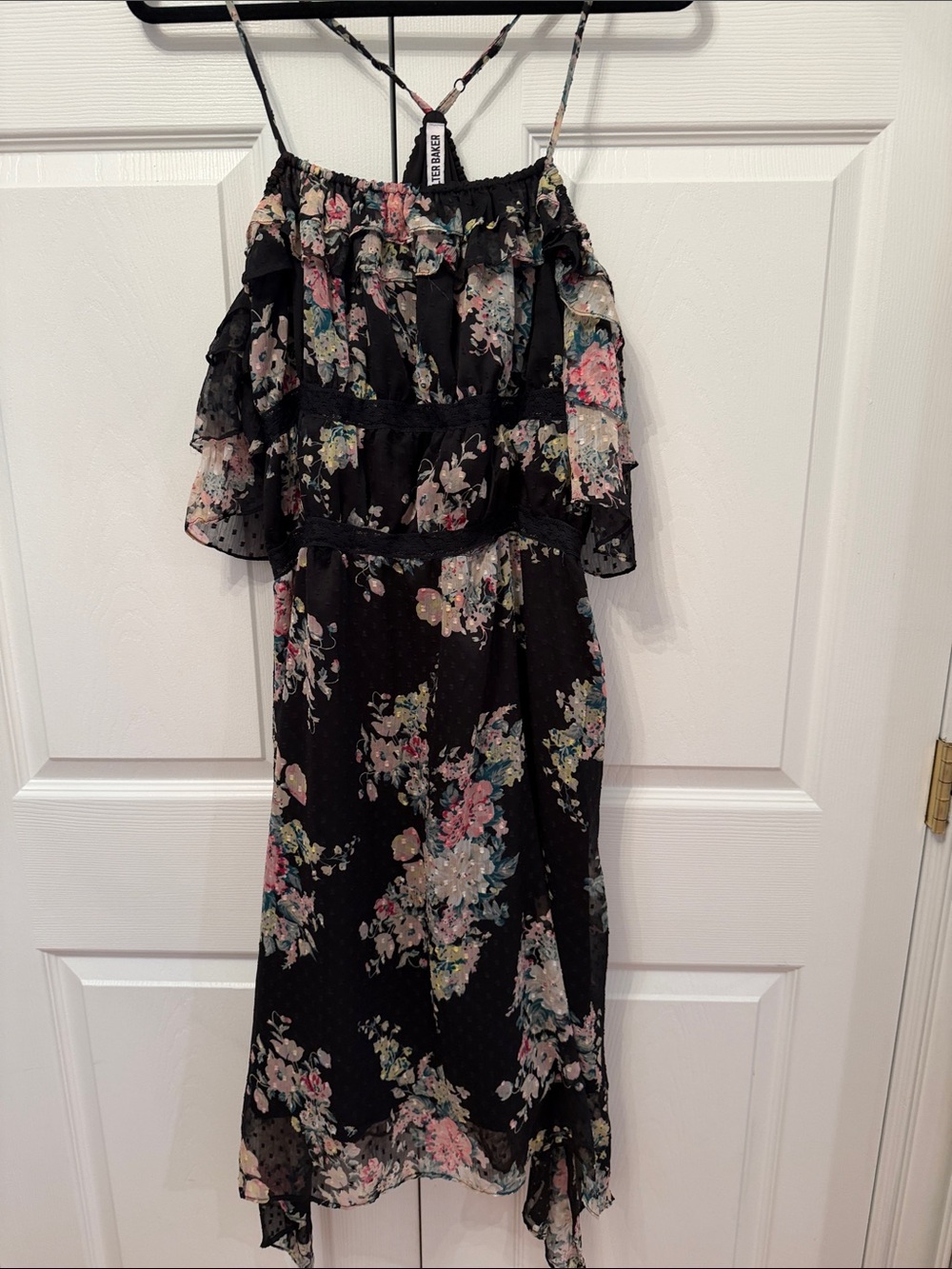 Black Floral Ruffle Cold-Shoulder Kids Dress by Unknown Brand